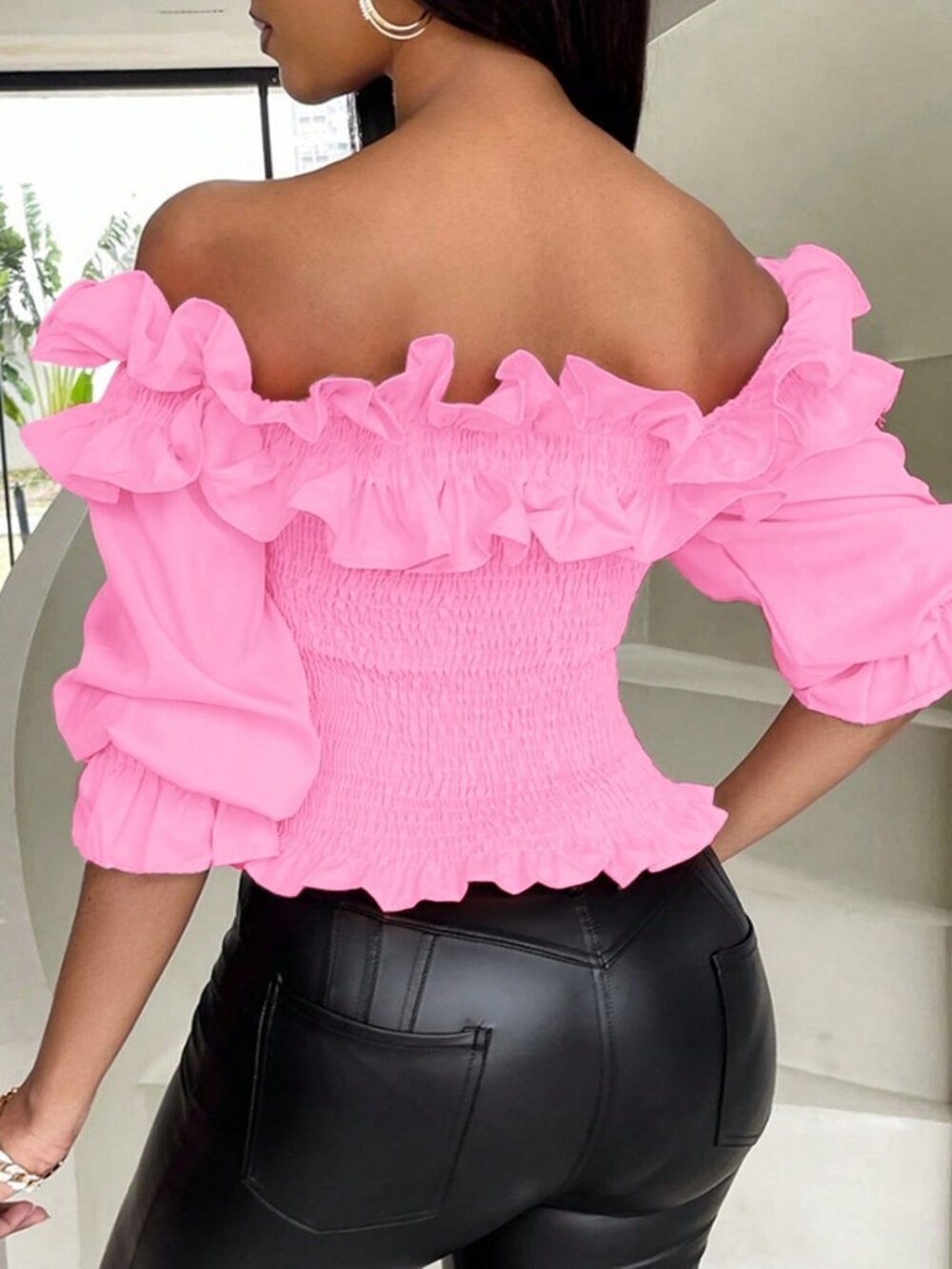 Pink Casual Women's Ruffle Decor Off Shoulder Cropped Top - Picture 2 of 6